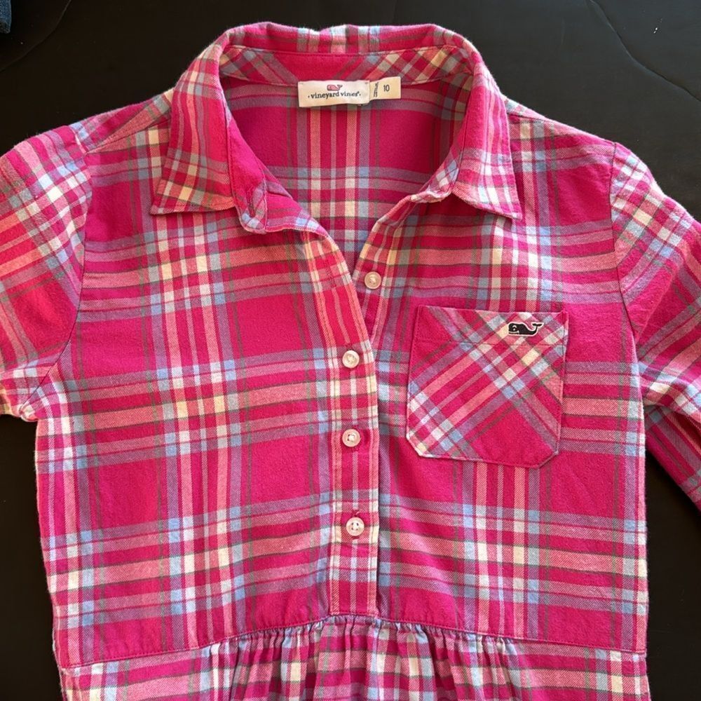 Vineyard Vines Flannel Shirt Dress‎ Girls Size 10 Pink Plaid Button Front Preppy